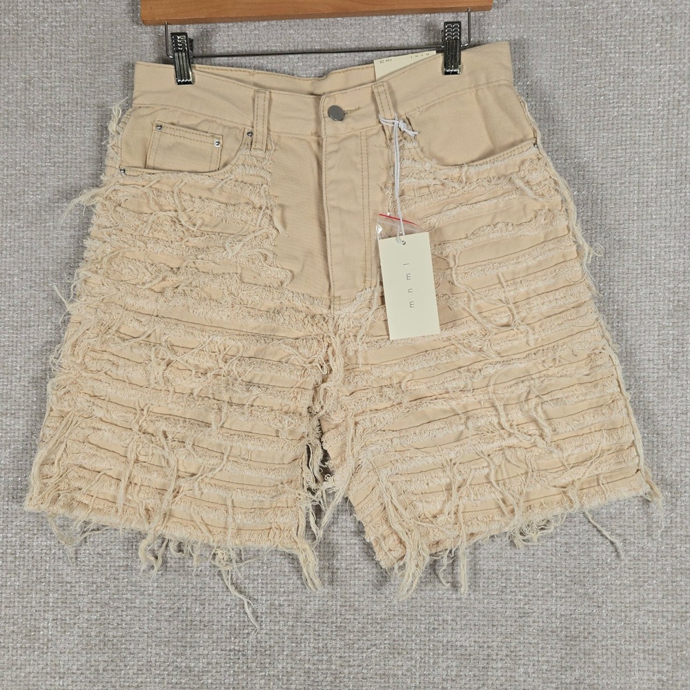 MNML Mens Allover Frayed Denim Shorts Khaki Distressed Size 28